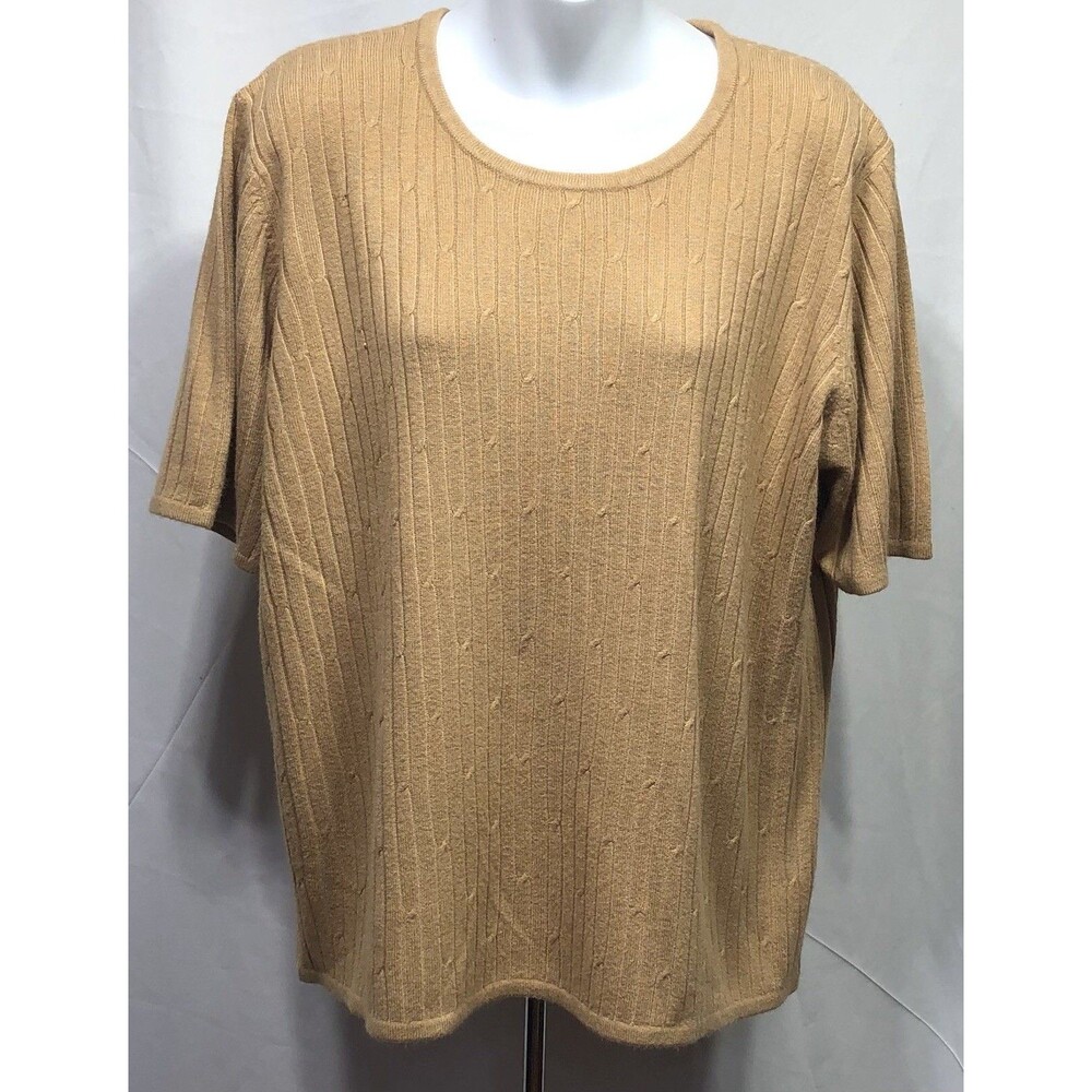 Sag Harbor Knit Sweater Top 1X Light Brown Short Sleeve Cottage Capsule Office